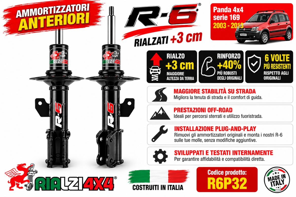 Ammortizzatori anteriori R-6 panda 4x4 rialzati 3 cm seconda serie da 2003 a 2013